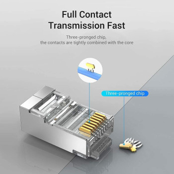 Vention Ethernet Network Accessories RJ45 Modular Plug Network Connector Fixed Tail Clamp Design PC Material Metal Shell (Cat.7 FTP, Pack of 10)