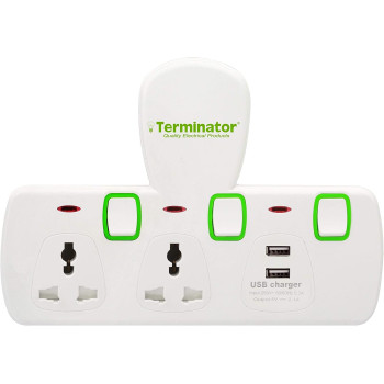 Terminator Terminator 2 Way Universal T Socket With 2Usb, 2.1Ah Individual Switch And Indicator With Fused In White Color-Tma 2T-2Usb