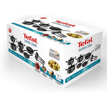 Tefal Super Cook Non-Stick 12 Pcs Cooking Set, Black, Aluminium, B143SC86