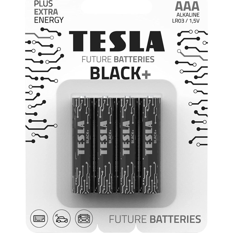 Tesla AAA Battery Black+ Alkaline - Plus Extra Energy Batteries Blister Foil LR03/1.5V Pack of 4