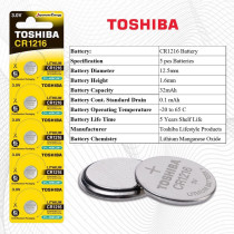 Toshiba CR1216 3V Lithium Coin Cell Battery Pack of 5 batteries Expiry date Nov.2024