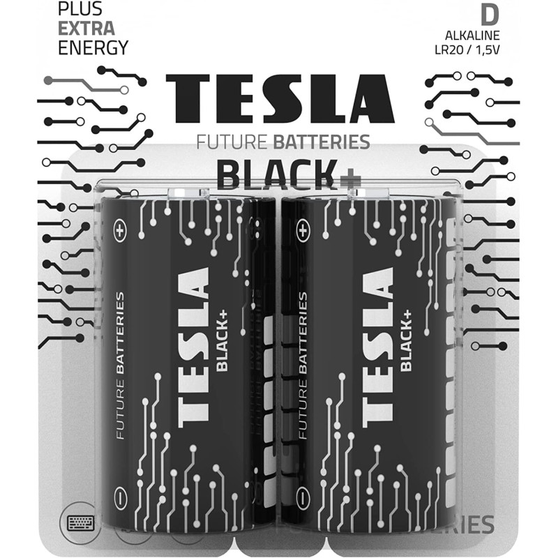 Tesla D Battery Black+ Alkaline - Plus Extra Energy battery D Blister Foil LR20/1.5V Pack of 2
