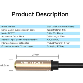 Vention 3.5mm Female to Female Stereo Coupler Plug, Vention 3.5mm Female Jack to Female Audio Cable Gold Plated Audio Extension Cable Aux Cable for Computer Mobile Phone PS3 PS4 1ft (0.3M)-Black