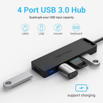 Vention 4-Port USB 3.0 Hub Ultra-Slim Data USB Splitter [Charging Supported] Compatible with MacBook, Laptop, Surface Pro, PC, Flash Drive, Mobile HDD (USB A, 0.5 Meter)