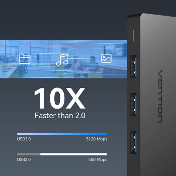 Vention 4-Port USB 3.0 Hub Ultra-Slim Data USB Splitter [Charging Supported] Compatible with MacBook, Laptop, Surface Pro, PC, Flash Drive, Mobile HDD (USB A, 0.5 Meter)