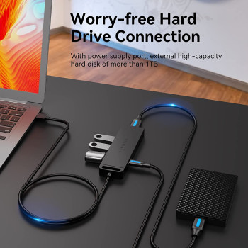 Vention 4-Port USB 3.0 Hub Ultra-Slim Data USB Splitter [Charging Supported] Compatible with MacBook, Laptop, Surface Pro, PC, Flash Drive, Mobile HDD (USB A, 0.5 Meter)