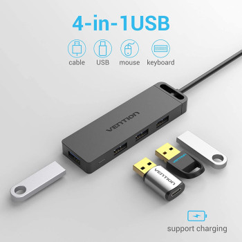 Vention USB Hub, Vention 4-Port USB 3.0 Hub Ultra-Slim Data USB Splitter [Charging Supported] Compatible for MacBook, Laptop, Surface Pro, PC, Flash Drive, Mobile HDD (3FT/1M)