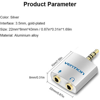 Vention 3.5mm Audio Adapter Audio Splitter with Mic 1 Male to 2 Female Audio Adapter for Headphone PC Mobile Phone Silver