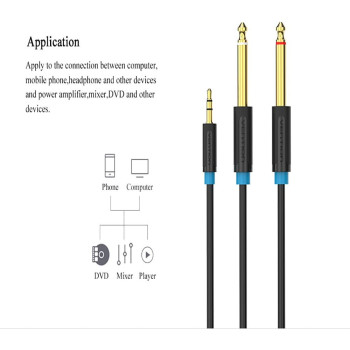 VENTION 3.5mm to Double 6.35MM Stereo Jack Audio Cable Gold Plated 3.5mm 1/8" TRS to 6.35mm 1/4" TS Mono Y-Cable Splitter Cord for iPhone Multimedia Speakers and Home Stereo Systems