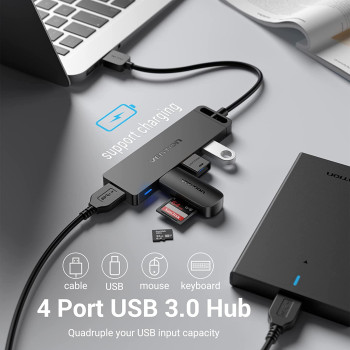 Vention 4-Port USB 3.0 Hub Ultra-Slim Data USB Splitter [Charging Supported] Compatible with MacBook, Laptop, Surface Pro, PC, Flash Drive, Mobile HDD (USB A, 0.15 Meter)