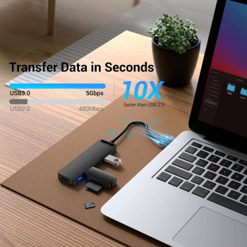 Vention 4-Port USB 3.0 Hub Ultra-Slim Data USB Splitter [Charging Supported] Compatible with MacBook, Laptop, Surface Pro, PC, Flash Drive, Mobile HDD (USB A, 0.15 Meter)