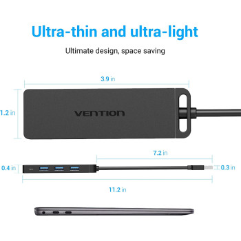 Vention 4-Port USB 3.0 Hub Ultra-Slim Data USB Splitter [Charging Supported] Compatible with MacBook, Laptop, Surface Pro, PC, Flash Drive, Mobile HDD (USB A, 0.15 Meter)
