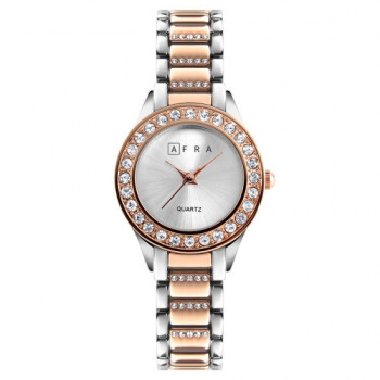 AFRA Shein Lady's Watch, Rose Gold and Silver Case, Silver Dial, Rose Gold Bracelet Strap, Water Resistant 30m