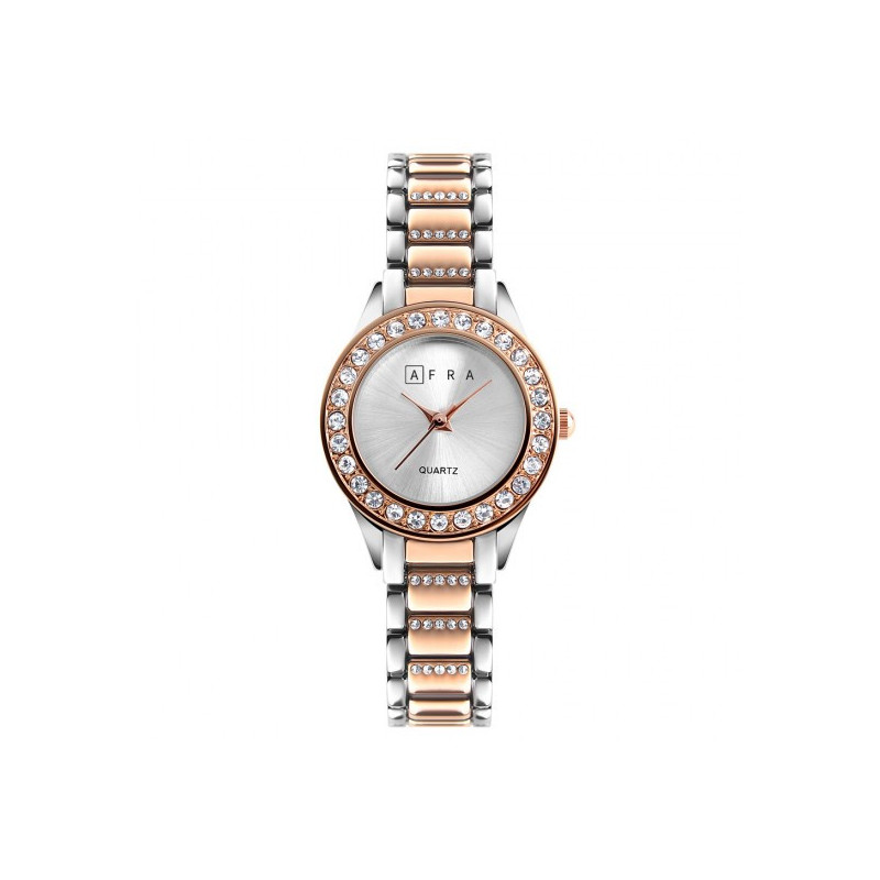 AFRA Shein Lady's Watch, Rose Gold and Silver Case, Silver Dial, Rose Gold Bracelet Strap, Water Resistant 30m