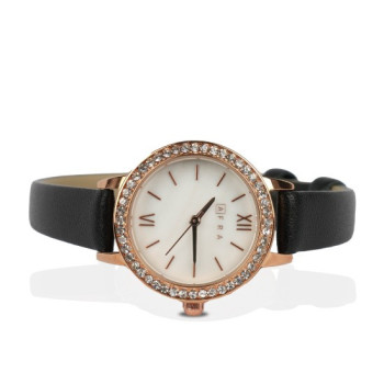 AFRA Ornate Lady's Watch, Rose Gold Metal Alloy Case, Black Leather Strap, Water Resistant 30m