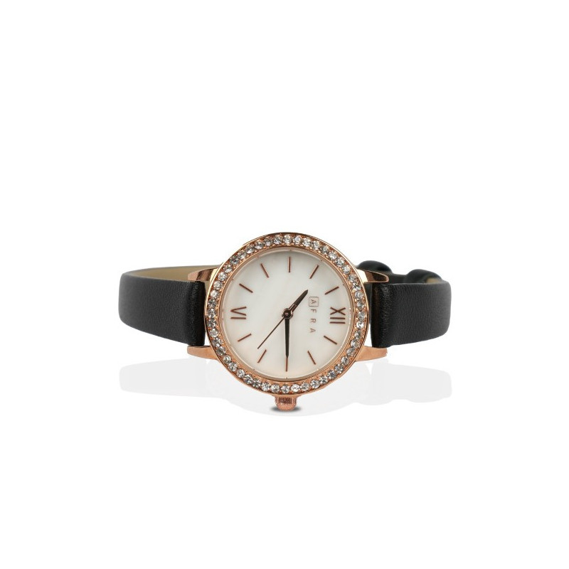 AFRA Ornate Lady's Watch, Rose Gold Metal Alloy Case, Black Leather Strap, Water Resistant 30m