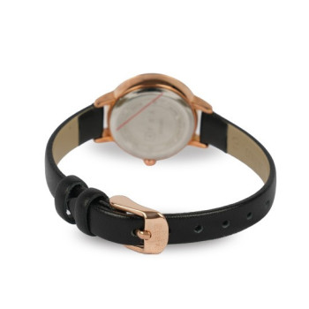 AFRA Ornate Lady's Watch, Rose Gold Metal Alloy Case, Black Leather Strap, Water Resistant 30m