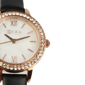 AFRA Ornate Lady's Watch, Rose Gold Metal Alloy Case, Black Leather Strap, Water Resistant 30m