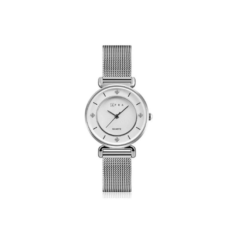 AFRA Shae Lady's Watch, Silver Metal Alloy Case, White Dial, Silver Mesh Bracelet Strap, Water Resistant 30m