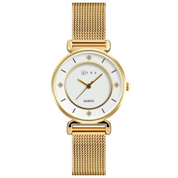AFRA Shae Lady's Watch, Gold Metal Alloy Case, White Dial, Gold Mesh Bracelet Strap, Water Resistant 30m