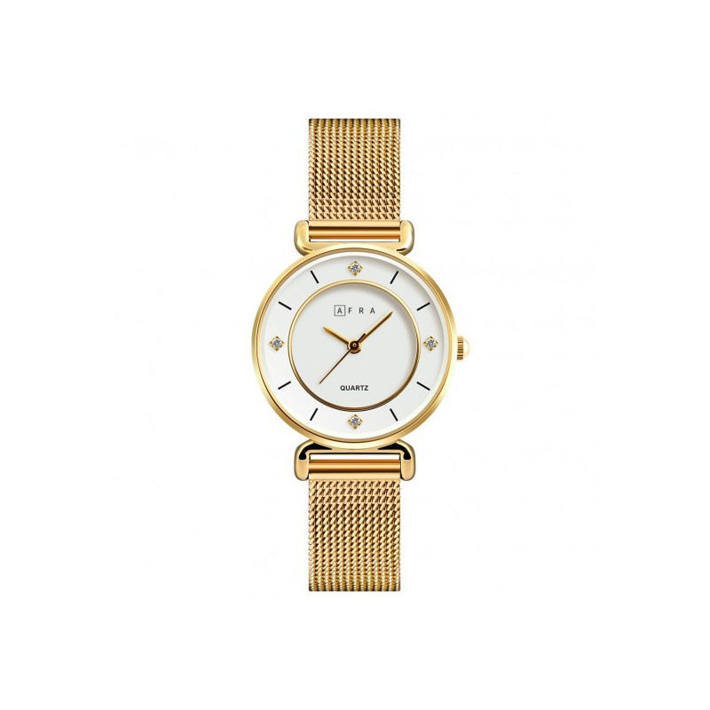 AFRA Shae Lady's Watch, Gold Metal Alloy Case, White Dial, Gold Mesh Bracelet Strap, Water Resistant 30m
