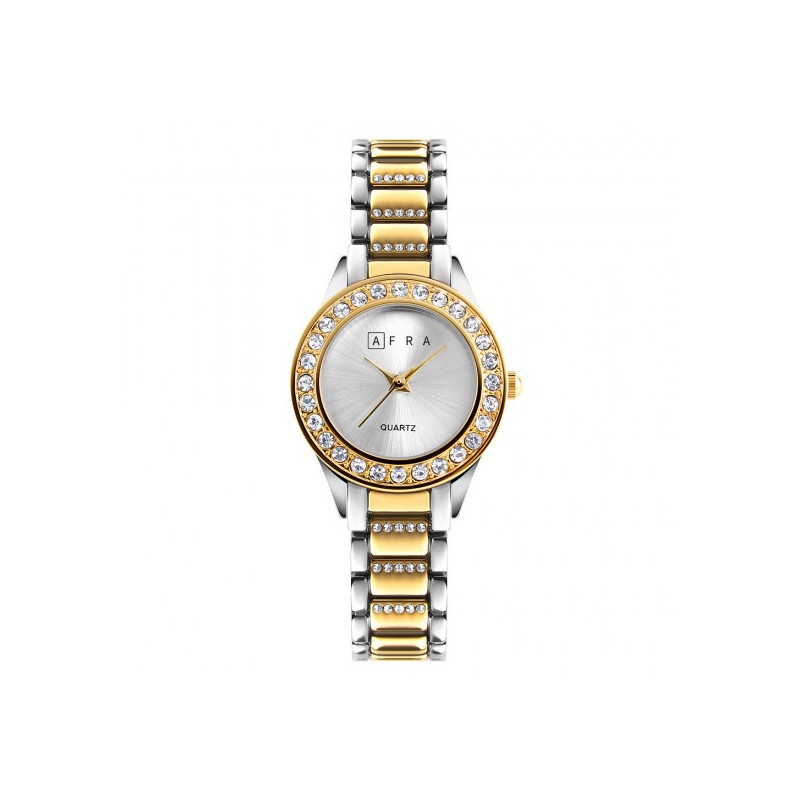 AFRA Shein Lady's Watch, Gold and Silver Case, Silver Dial, Gold and Silver Bracelet Strap, Water Resistant 30m