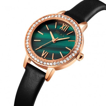 AFRA Ornate Lady's Watch, Rose Gold Metal Alloy Case, Black Leather Strap, Water Resistant 30m