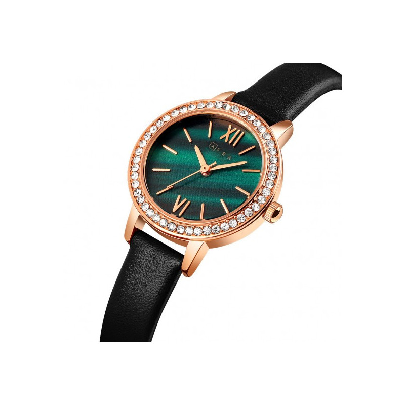 AFRA Ornate Lady's Watch, Rose Gold Metal Alloy Case, Black Leather Strap, Water Resistant 30m