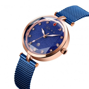 AFRA Regina Lady's Watch, Rose Gold Case, Blue Dial, Blue Metal Mesh Bracelet Strap, Water Resistant 30m
