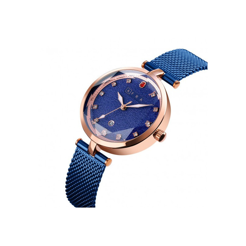 AFRA Regina Lady's Watch, Rose Gold Case, Blue Dial, Blue Metal Mesh Bracelet Strap, Water Resistant 30m