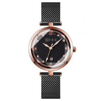 AFRA Regina Lady's Watch, Rose Gold Case, Black Dial, Black Metal Mesh Bracelet Strap, Water Resistant 30m