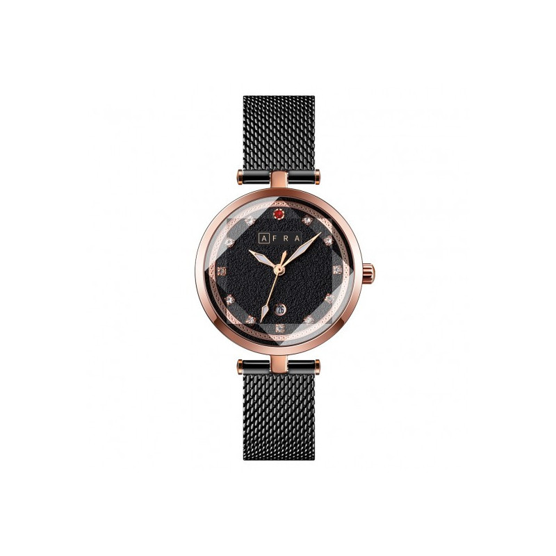AFRA Regina Lady's Watch, Rose Gold Case, Black Dial, Black Metal Mesh Bracelet Strap, Water Resistant 30m