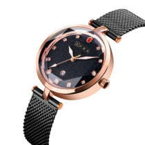 AFRA Regina Lady's Watch, Rose Gold Case, Black Dial, Black Metal Mesh Bracelet Strap, Water Resistant 30m
