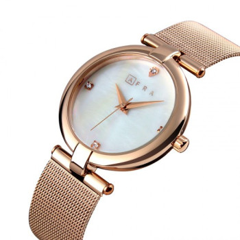 AFRA Pearlescent Lady's Watch, Rose Gold Metal Case, Black Dial and Mesh Bracelet Strap, Water Resistant 30m