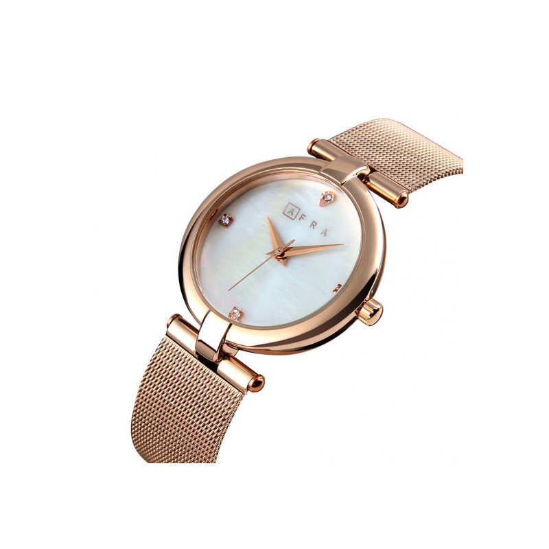 AFRA Pearlescent Lady's Watch, Rose Gold Metal Case, Black Dial and Mesh Bracelet Strap, Water Resistant 30m