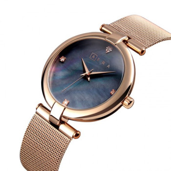 AFRA Pearlescent Lady's Watch, Rose Gold Metal Case, White Dial and Mesh Bracelet Strap, Water Resistant 30m