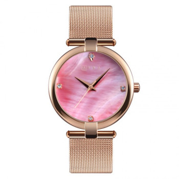 AFRA Pearlescent Lady's Watch, Rose Gold Metal Case, Pink Dial and Mesh Bracelet Strap, Water Resistant 30m