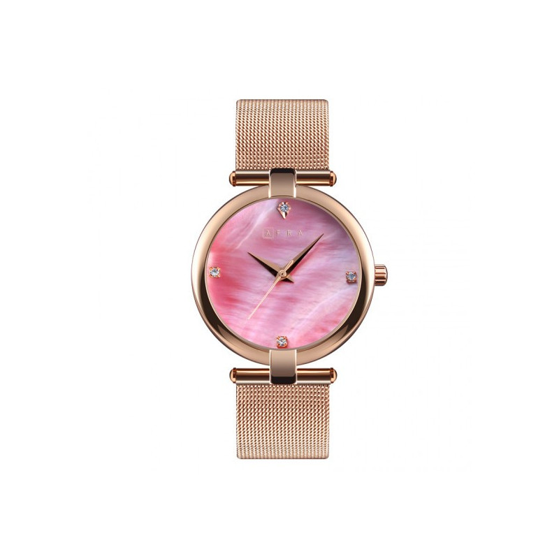 AFRA Pearlescent Lady's Watch, Rose Gold Metal Case, Pink Dial and Mesh Bracelet Strap, Water Resistant 30m
