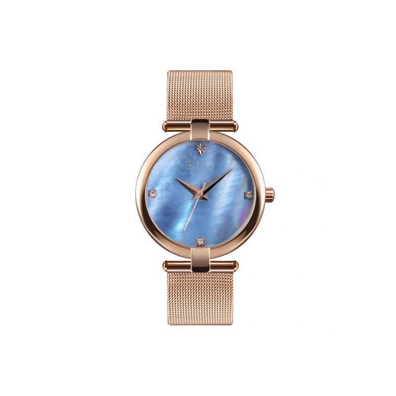 AFRA Pearlescent Lady's Watch, Rose Gold Metal Case, Blue Dial and Mesh Bracelet Strap, Water Resistant 30m