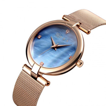 AFRA Pearlescent Lady's Watch, Rose Gold Metal Case, Blue Dial and Mesh Bracelet Strap, Water Resistant 30m