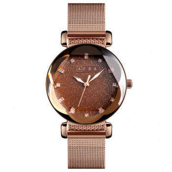 AFRA Stelara Lady's Watch, Rose Gold Metal Alloy Case and Mesh Bracelet Strap, Brown Dial, Water Resistant 30m