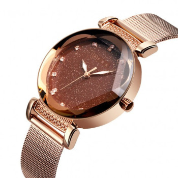 AFRA Stelara Lady's Watch, Rose Gold Metal Alloy Case and Mesh Bracelet Strap, Brown Dial, Water Resistant 30m