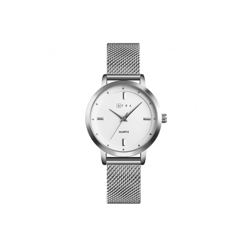 AFRA Avril Lady's Watch, Silver Metal Alloy Case and Metal Mesh Bracelet Strap, White Dial, Water Resistant 30m