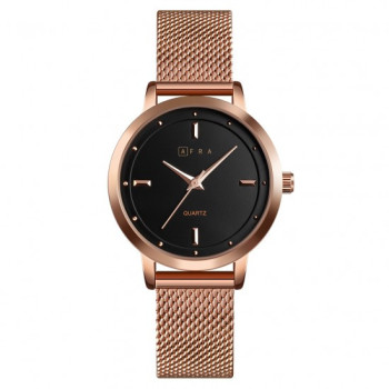 AFRA Avril Lady's Watch, Rose Gold Metal Alloy Case and Mesh Bracelet Strap, Black Dial, Water Resistant 30m