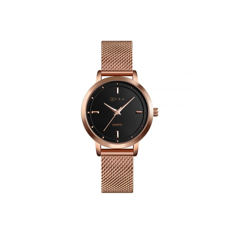 AFRA Avril Lady's Watch, Rose Gold Metal Alloy Case and Mesh Bracelet Strap, Black Dial, Water Resistant 30m