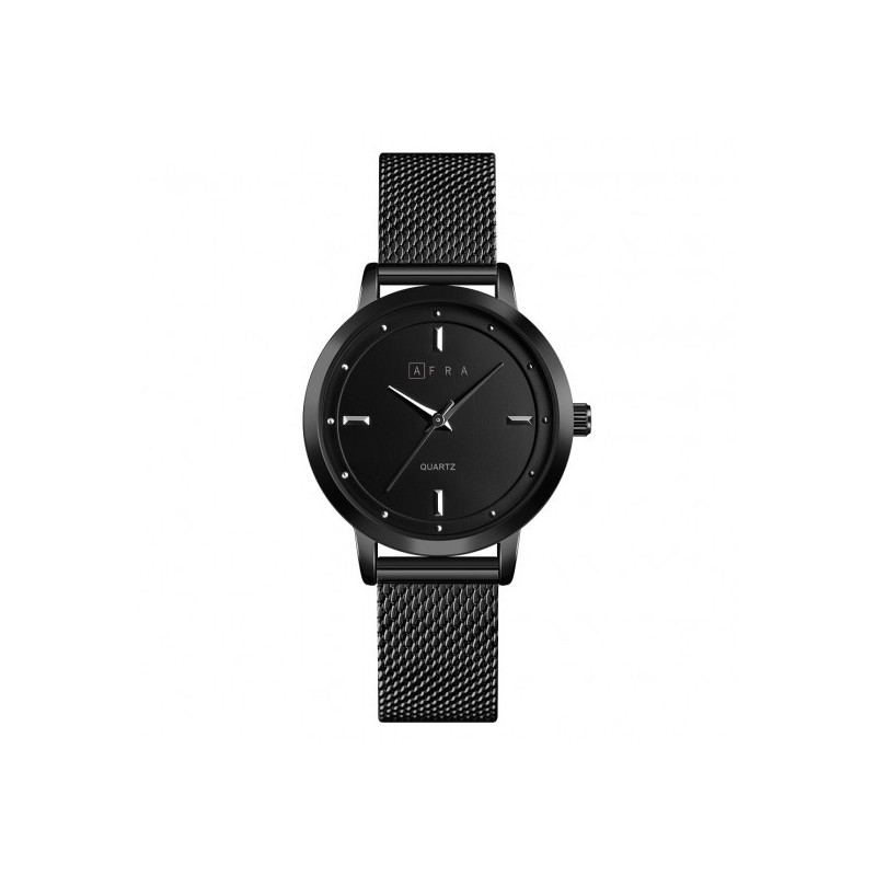 AFRA Avril Lady's Watch, Black Metal Alloy Case and Metal Mesh Bracelet Strap, Black Dial, Water Resistant 30m