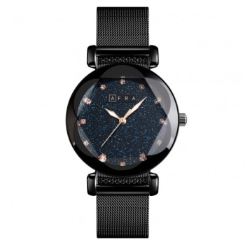 AFRA Stelara Lady's Watch, Black Metal Alloy Case and Mesh Bracelet Strap, Blue Dial, Water Resistant 30m