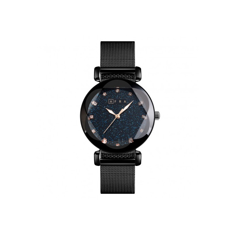 AFRA Stelara Lady's Watch, Black Metal Alloy Case and Mesh Bracelet Strap, Blue Dial, Water Resistant 30m