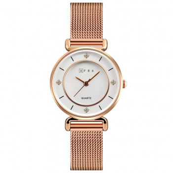 AFRA Shae Lady's Watch, Rose Gold Metal Alloy Case, White Dial, Rose Gold Mesh Bracelet Strap, Water Resistant 30m