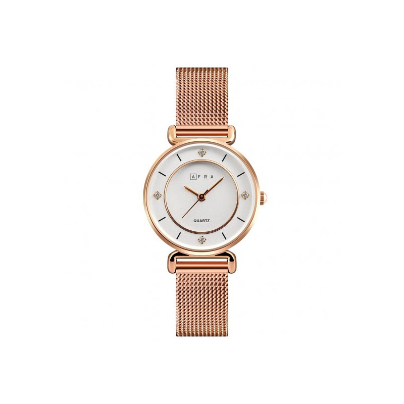 AFRA Shae Lady's Watch, Rose Gold Metal Alloy Case, White Dial, Rose Gold Mesh Bracelet Strap, Water Resistant 30m